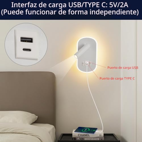 LED Reading Lamp with Switch, USB Charging Port + Type C Reading Light, 3W 3000K+9W 6000K Rotatable Wall Light for Reading, Indoor Inblack Wall Lighting, Night Lamp Bedroom Hotel