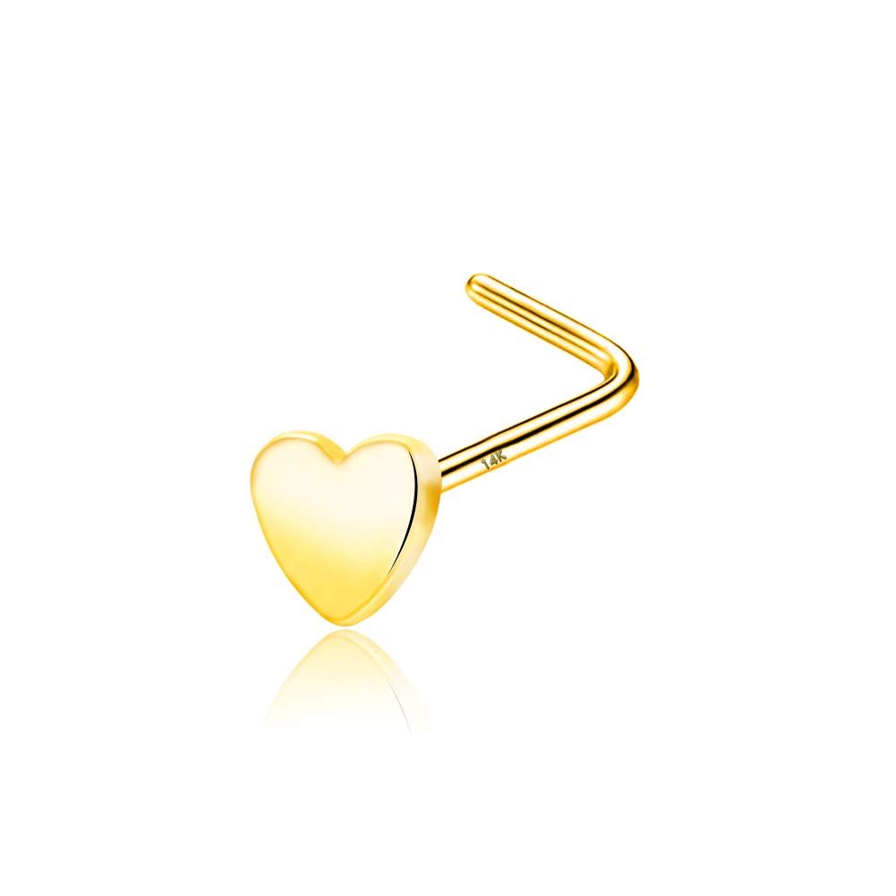 CM Crareesi Mania 14K Solid Yellow Gold Nose Ring Studs Piercing 20G Flat Heart/Star/Moon Nose Ring L-Shaped Nose Ring Pack