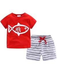 LittleSpring Little Boy Outfit Size 5 Holiday Beach Set Red Fish