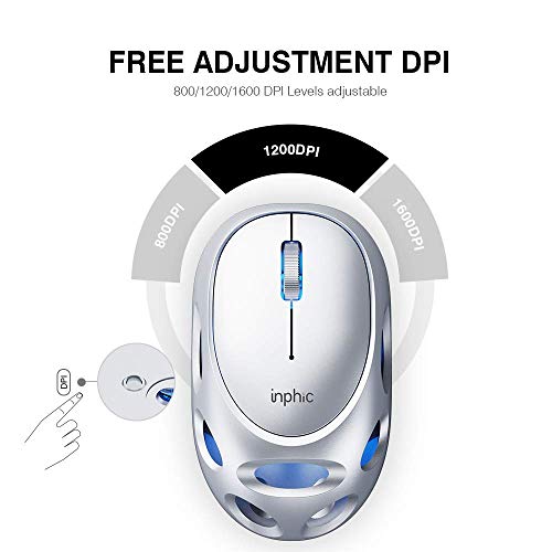 INPHIC LED Wireless Mouse, Rechargeable Silent USB 2.4G Computer Cordless Mouse with USB Receiver, Breathing LED, Upgraded Battery, for Laptop Mac PC Windows Gaming, Silver