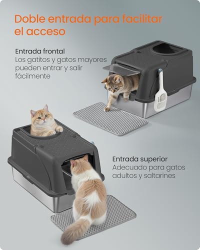 Feandrea Stainless Steel Cat Litter Box with Hinged Lid, XL Litter, Leakproof, Scoop, Brush, Double Inlet, Countertop Load 15 kg, Black Ink PPT005BH01