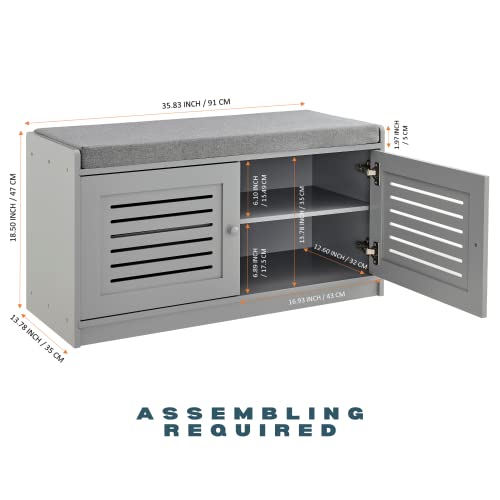 Sturdis Shoe Storage Bench Gray Cushion Seat Adjustable Shelves