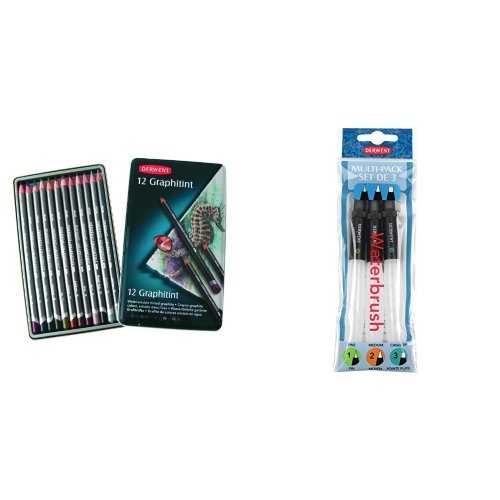Derwent Graphitint Tinted Water-soluble Graphite Pencils Tin (Set of 12) with Derwent Waterbrush Multi-Pack(Pack of 3)