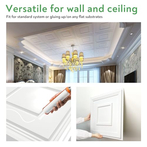 STICKGOO PVC Ceiling Tiles, 2'x2' Glue Up Ceiling Panel White to Prevent Breakage Cover 48 Sq. Ft, Pack of 12 Tiles