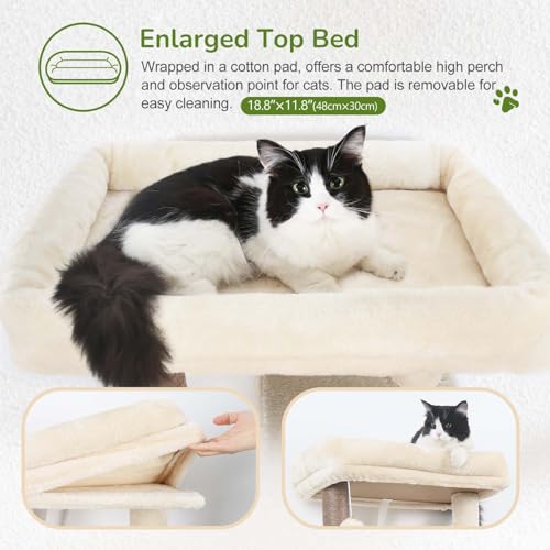 Globlazer Beige Cat Tree 137 cm with Extra Large Hammock 45 x 40 cm, Large Kennels, Padded Platform, Easy to Install Indoor Cat Trees for Adult Cats Rest, Scratching Game (F53, Beige)