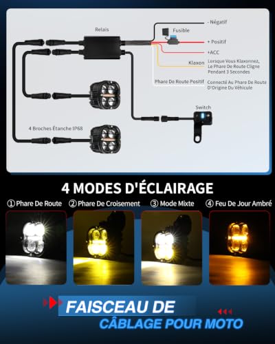 BraveWAY Additional Motorcycle Headlights 3 Inch 130W 14800LM DRL Amber Strobe Function Beam Combin Yellow Covers U-Bracket and Tubular Cable Harness