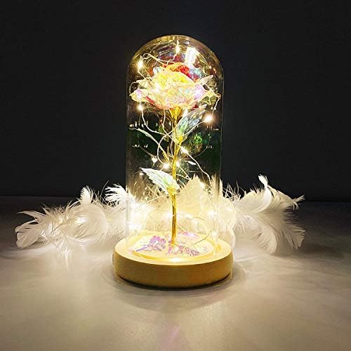 Achort プリザーブドフラワー 枯れない花 バラ 造花 ローズ 美女と野獣 LEDライト 薔薇 花束 生花 雰囲気作り ソープフラワー 永遠の愛 創意ギフトボックス バレンタイン ホワイトデー 贈り物＆デート＆結婚祝い＆結婚記念日＆誕生日＆敬老の日＆卒業祝い (ライト/木製ベース/ガラスカバー)