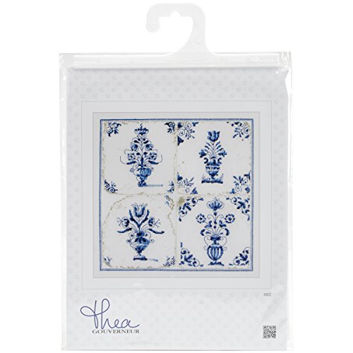 Thea Gouverneur 18 Count Antique Tiles, Floral Vases on Aida Counted Cross Stitch Kit, 11 x 11