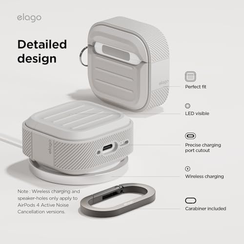 elago Armor Case Compatible with AirPods 4 Case - Compatible with AirPods 4 Case, Carabiner Included, Supports Wireless Charging, Total Protection (Stone)