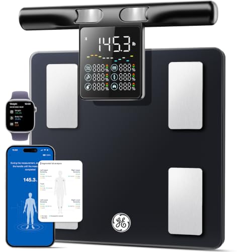 GE Smart Scale for Body Weight: 8-Electrode Full Body Composition Analysis with BMI, Body Fat, Muscle Mass, Digital Bathroom Scale with Large Handle Display, Bluetooth App Sync, Black