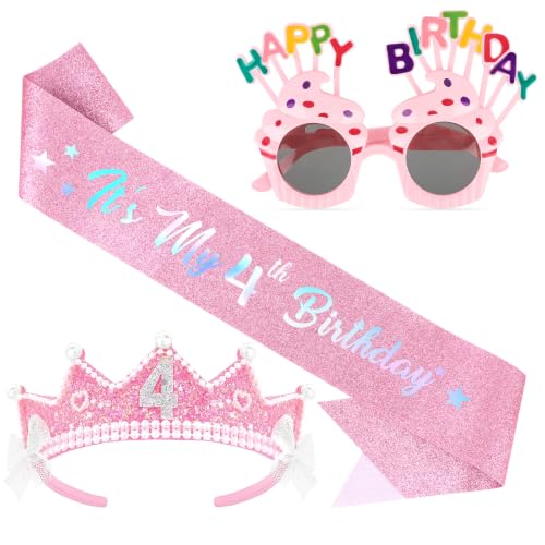 Jaciya Pink Crown Headband It’s My 4th Birthday Sash Cupcake… at Amazon