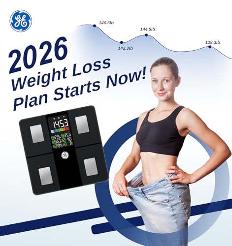 GE Digital Body Fat Scales with Large Display, Smart Scales with Body Fat and Muscle Mass with App 14 Body Measurements BMI Bluetooth Personal Scales up to 180 kg / 400 lb