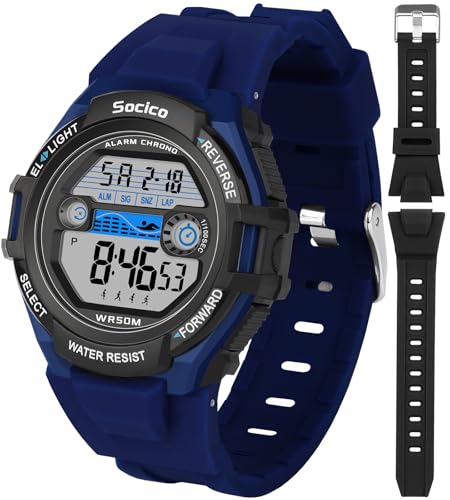 SOCICO Kids Digital Watch for Boys Girls, 50M Waterproof Sports Watch for Kids with 7 Color Backlight, Stopwatch, Alarm, Calendar, 2 Soft Silicone Straps, Great Birthday Christmas Gifts for Teens Aged 5-18