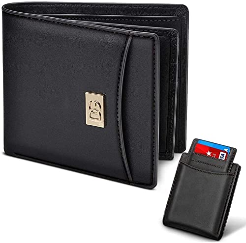 DG STUDIO Designer Men's Genuine Leather Wallet Black RFID Blocking Bifold Flip Men Wallets Card Holder Purse ID Window Coin Zipper Pocket with Gift Box (Luxury Black)
