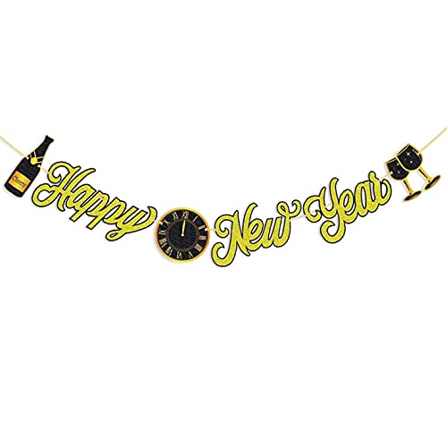 Losuya Happy New Year Banner Golden Glitter Paper Bunting Garland for New Years' Eve Party Decoration