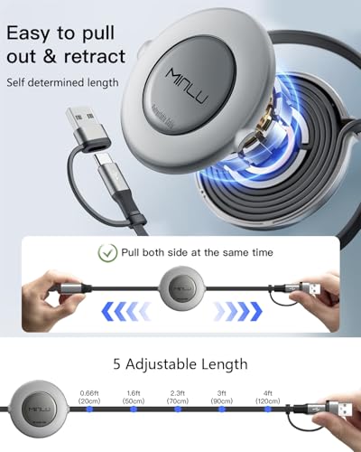 Minlu Multi Tip Charger Cable, 5 in 1 Retractable Multi USB Cable, 1.2 m Fast Charging Cable, Multi Charger Cable with Lightning Micro USB Type C for iPhone, Android, Galaxy Series, Tablet Series