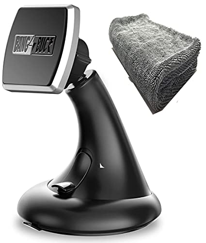 BANG4BUCK Magnetic Car Mobile Stand Holder | Dashboard + Windshield Car Mount | 4 Strongest N50 Magnets | High absorbent Micro fiber wipping cloth 30×30 CM 350 GSM| Strongest Suction Cup Mounting Base | Can Hold Phones/Mini Tablets 360 Rotation | 2 Metal Plates
