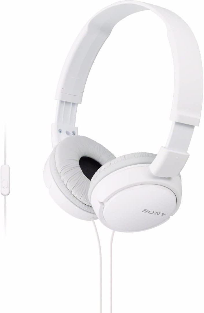 Sony MDR-ZX110AP Wired Overhead Headphones with Microphone, Neodymium Dynamic Drivers, Swivel Fold Design - White