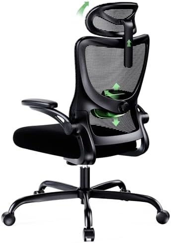 Silla Oficina Ergonómica, Silla Escritorio Ergonómica con Reposacabezas 2D Ajustable, Soporte Lumbar 2D, Reposabrazos Plegables 3D, Ajuste de Altura, Silla Oficina Giratoria hasta 136 kg