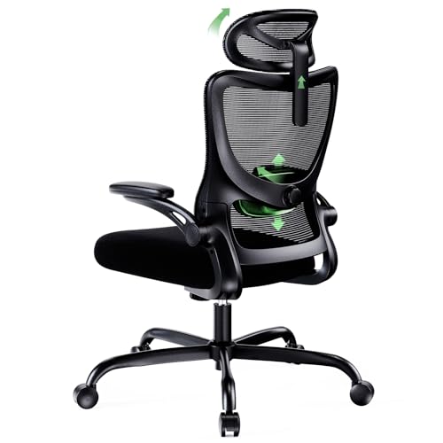 Silla Oficina Ergonómica, Silla Escritorio Ergonómica con Reposacabezas 2D Ajustable, Soporte Lumbar 2D, Reposabrazos Plegables 3D, Ajuste de Altura, Silla Oficina Giratoria hasta 136 kg