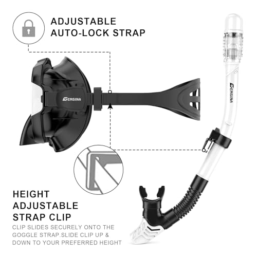 EMSINA Mask Fin Snorkel Set with Adult Snorkeling Gear, Panoramic View Diving Mask, Trek Fin, Dry Top Snorkel +Travel Bags, Snorkel for Lap Swimming