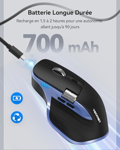 TECKNET Bluetooth Mouse, Ergonomic Wireless Mouse with 3 Modes (BT5.0/5.0+2.4G), Rechargeable, 4800 DPI Adjustable with Side Wheel Silent Mouse for Computers, Mac, PC, Windows, Blue