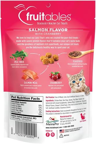 FRUITABLES CAT TREATS, HEALTHY TREATS FOR CATS, LOW CALORIE AND PACKED WITH PROTEIN, CRUNCHY BISCUITS, NO WHEAT, CORN OR SOY, MADE WITH REAL SALMON AND CRANBERRY, 2.5OZ