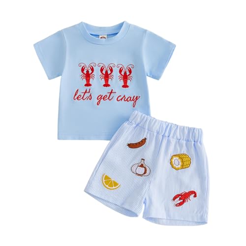 Babieshouse Toddler Baby Boy Summer Outfit Crawfish/Crab Embroidery Short Sleeve T-shirt And Elastic Shorts 2Pcs Clothes Set (Let's Get Chay-Blue, 18-24 Months) at Amazon