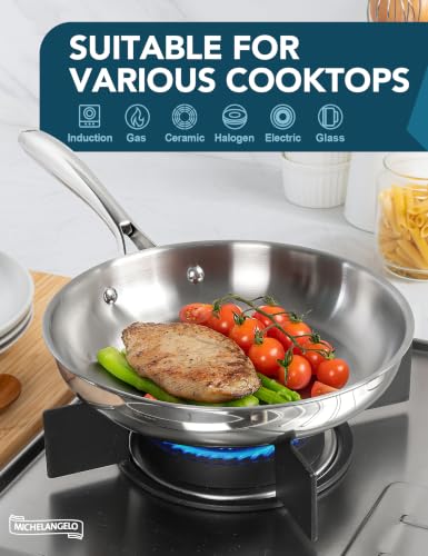 MICHELANGELO 18/10 Stainless Steel Frying Pan Set, 20/24/28cm Steel Frying Pans, Triply Base Stainless Steel Pans Set with Ergonomic Handle, Induction Compatible