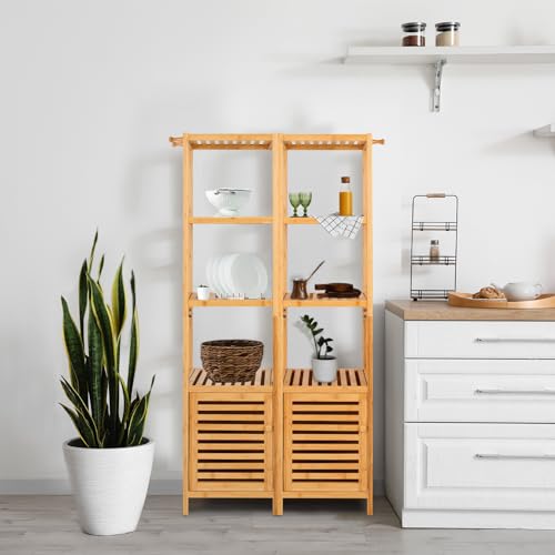 medla Bamboo Bathroom Storage Floor Cabinet: 4 Tiers Multifunctional Floor Shelving Unit Bathroom Floor Cabinet Natural Floor Shelf Free Standing Tower Corner Rack for itchen Living Room Bedroom