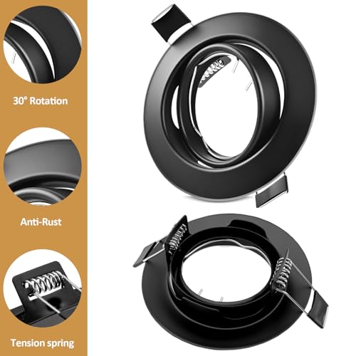 LteelDay Round Recessed Spotlight Frame, Black Metallic Porthole GU10 with 30° Swivel, Ø68-80 mm Cut, Includes GU10 Socket for LED or Halogen Lamps, Pack of 20