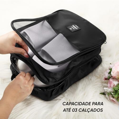 Bolsa de Sapatos para Viagem 03 Compartimentos Necessaire Organizadora de Tênis Sandálias Chinelos Sapato Porta Calçados com Zíper Malha Respirável Dobrável Economia de Espaço (PRETO)