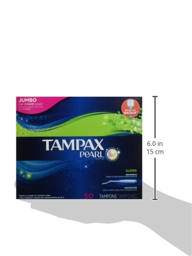 TAMPAX PEARL PLASTIC TAMPONS, SUPER ABSORBENCY, UNSCENTED, 50 COUNT (PACKAGING MAY VARY)