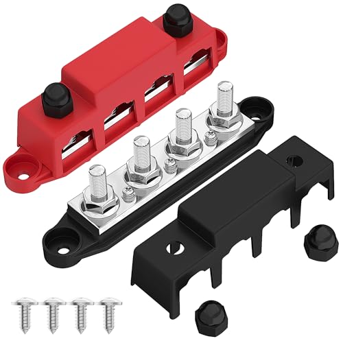 Joinfworld Bus Bar 12V 250A Power Distribution Block with 4 x 3/8" Studs 12 Volt Marine Battery Busbar Terminal Block with Cover - Negative&Positive