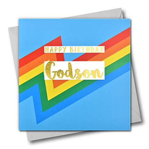Claire Giles Greeting Cards, Happy Birthday Godson Card, Blue Colour Bolts Design with Text Foiled in Shiny Gold