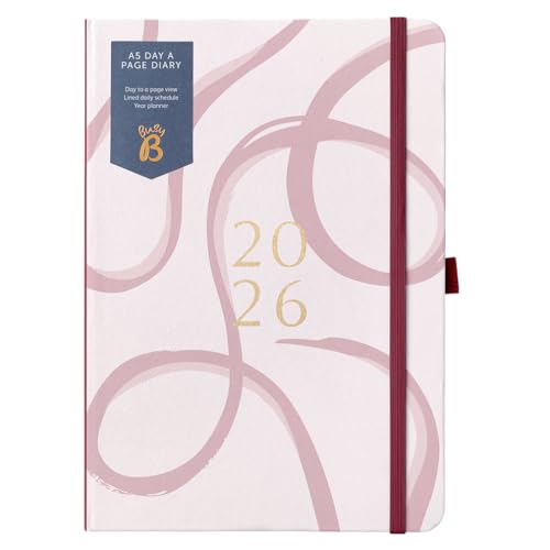 Busy B 2026 A5 Diary Day-A-Page Planner for Students, Professionals & Teachers - Pink Ribbon Print Daily Planner with Gold Foil, Jan - Dec, Elastic Band & Ribbon Marker - Organizer for Desk or Handbag