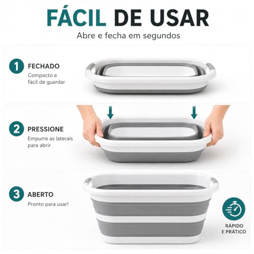 Balde Retratil Silicone 26L Dobrável com Alca Multiuso para Limpeza Lavanderia Armazenamento Compacto Resistente Branco Cinza