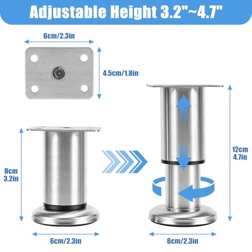 Set of 4 Adjustable Stainless Steel Furniture Legs, Table Legs, Bed Legs, Bathroom Furniture Feet for TV Cabinet, Sofa, Chair, Bathroom (8-12 cm)