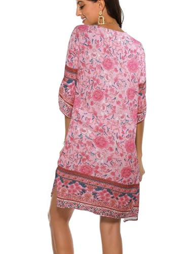 BDTECAOR Women's Vintage Ethnic Style Floral Pattern Bohemian Tunic Dress V-Neck 3/4 Sleeve Beach Dresses Summer Dresses
