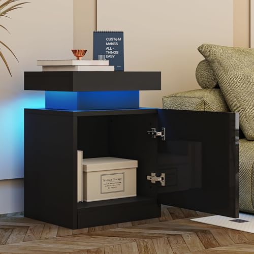 SiliBamb Nightstand Set of 2 with LED Lights, Night Stand with Storage Cabinet for Bedroom, Bedside Table with LED, Black