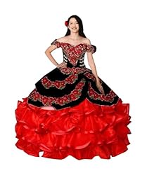 Black and Red Ruffle Off The Shoulder Ball Gown