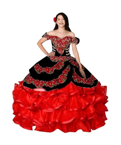 Black and Red Ruffle Off The Shoulder Ball Gown