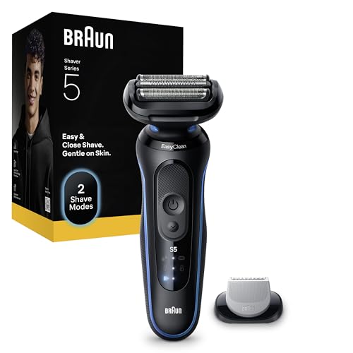 Braun Serie 5 Rasoio Elettrico Barba, Wet&Dry, Regolabarba Uomo, Rasoio Barba, 50 Min di Utilizzo, Accessorio Rifinitore Corpo, Senza Fili, 100% Impermeabile, Regolabarba Braun, 52-B1600s, Blu