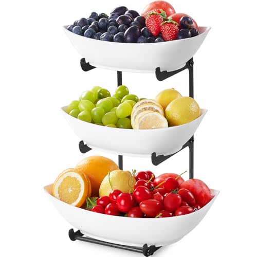Photo 1 of Lifewit Plastic Fruit Bowl Basket for Kitchen Countertop, 3 Tier Fruit Holder with Black Metal Stand, Serving Tray for Food, Vegetable, Cake, Dessert in Party