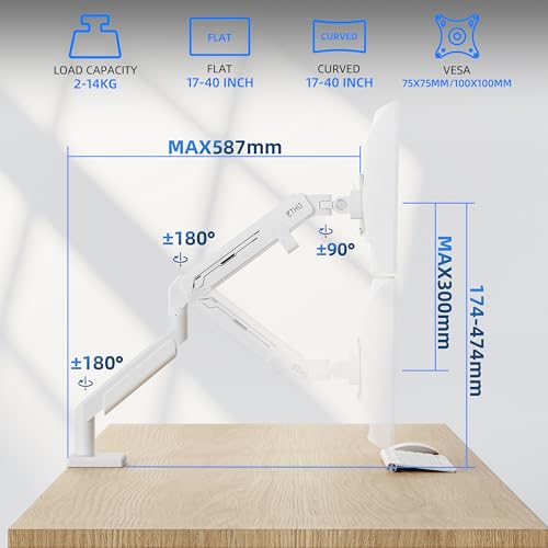ETHU Monitor Arm, Heavy Duty Monitor Desk Mount with Gas Spring, Fits 17-40 inch Screens, Hold 2-14KG, Full Motion Adjustable Monitor Stand for Office & Home, VESA 75x75/100x100, White