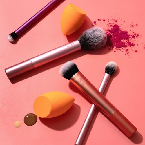 REAL TECHNIQUES 6 PIECE EVERYDAY ESSENTIALS MAKEUP BRUSH SET, INCLUDES 4 BRUSHES & 2 MAKEUP SPONGES, FOR FOUNDATION, BLUSH, BRONZER, CONTOUR, EYESHADOW, & POWDER, TRAVEL GIFT SET, CRUELTY-FREE & VEGAN