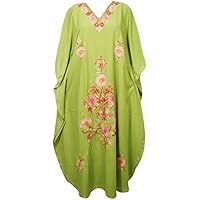 Womens Caftan Maxi Kaftan Green Embroidered Kimono Dresses OneSize