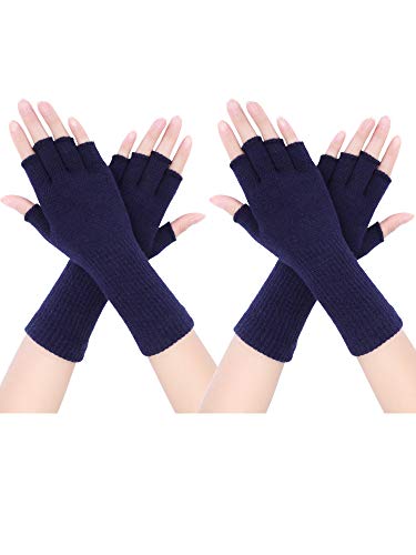 Pangda 2 Pairs Unisex Fingerless Gloves Half Finger Stretchy Knit Gloves Lengthen Wrist Mittens Winter Warm Gloves (Navy Blue)