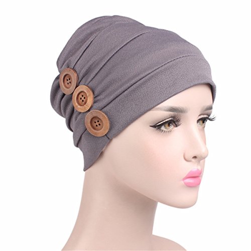 Qhome Fashion Women Stretchy Beanie Cap Three Wood Button Chemo Cap for Hair Loss Women Elegant Bandanas Hair Accessories