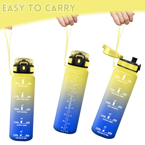 Motswedi Water Bottle 1 L, Sports Bottle, with Time Marker, Water Bottle, Leakproof, 1 Litre Bottle Includes Cleaning Sponge – Light Yellow & Royal Blue
